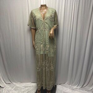 ELeter Embroidered Sage Green Maxi Dress Sz Large Sheer Overlay Built-In Shorts